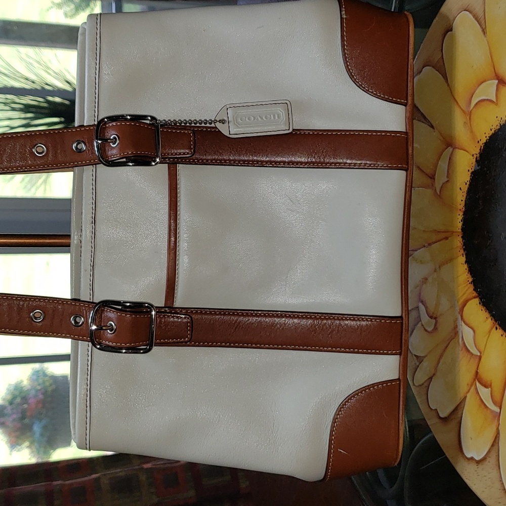💘🖤💘 COACH HAMPTON CREME TAN 2-TONE LEATHER SATCHEL SHOULDER BAG